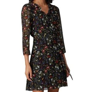 Madewell Black Floral Bird Finch Print Ruffle Neck Wrap Dress Size Medium